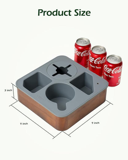 Couch Cup Holder Tray, Acacia Wooden Couch Caddy with Rotatable Phone Holder for Bed Organizer, Waterproof Anti-spill Sofa Cup Holder for Snacks Beverage Remote Grey