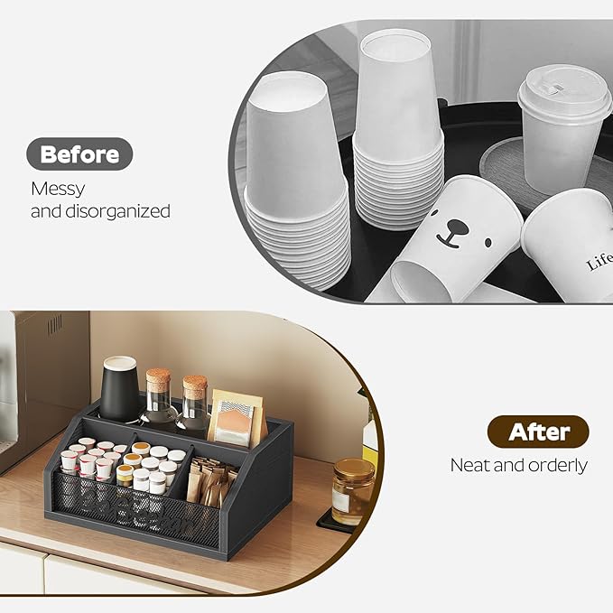 Coffee Bar Organizer, Wooden Coffee Pod Organizer for Countertop, Versatile Pod Holder with Dividers, Holds Syrup, Cups, Tea Bags, Easy Assembly, Black KH11BB