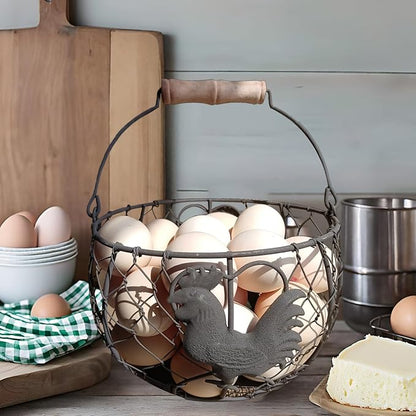 LINCOUNTRY. Chicken Wire Egg Basket for Gathering Fresh Eggs with Handle, Round Metal Egg Collecting Basket Countertop Storage Container Holder, Vintage Rustic Farmhouse Rooster Decor Kitchen