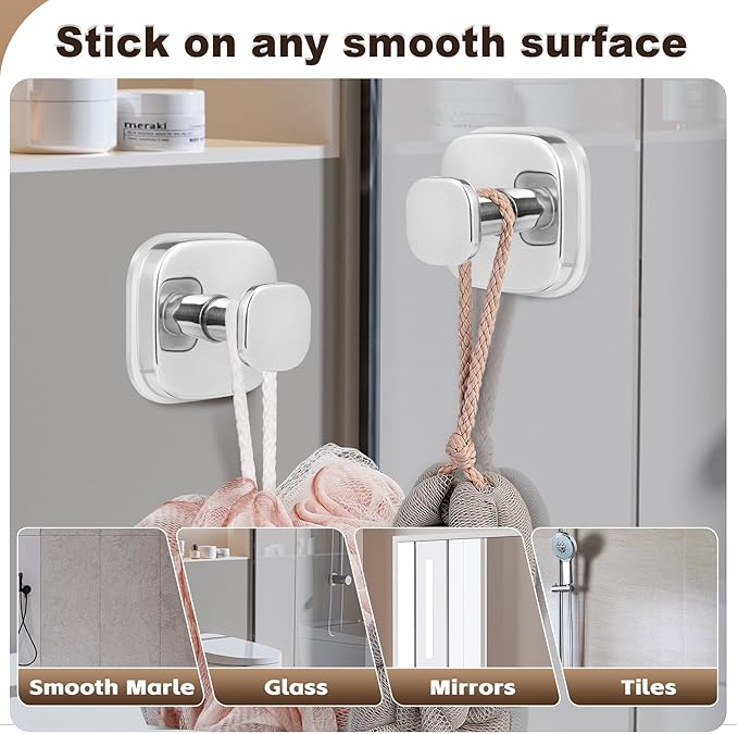 Supopular Suction Cup Hooks for Shower Heavy Duty No-Drill– Reusable Multi-Purpose Hooks Adheres to Glass, Mirrors, Tiles & Smooth Surfaces for Towels, Robes, Loofah& Body Sponge (2, Chrome Polished)