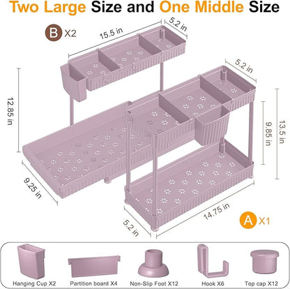 3 Pack Multi-Purpose Under Sink Organizers and Storage, 2026 L-Shaped Pull Out Cabinet Organizer for Bathroom & Kitchen, Under Cabinet Organizer with Hooks Hanging Cup, Pink
