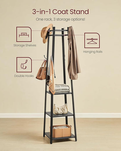 VASAGLE Coat Rack, Coat Stand with 3 Shelves, Hall Tree Free Standing with Hooks for Scarves, Bags, Umbrellas, Steel Frame, Industrial Style, for Entryway, Living Room, Charcoal Gray ULCR080B03