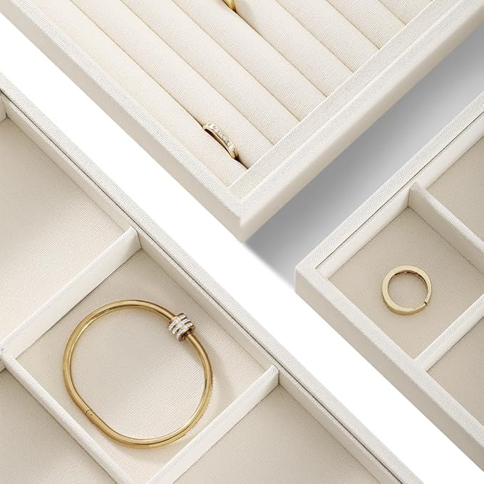 Dansmiy Linen 24 Grid Stackable Rings Earrings Display Tray, Brooch Ear Stud Cufflinks StorageTray, Jeweler Shop Counter Showcase Table Top Organizers, Makeup Table Drawer Insert Jewelry Tray
