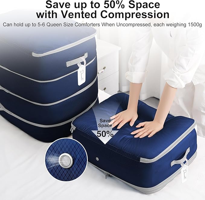 Easortm Comforter Storage Bag - Large Capacity Blanket Storage Bags 4-Layer Ultra Space Saving Self Compression Organizer, Washable Compression Bags for Storage Comforter Blanket, 2-Pack, Navy Blue