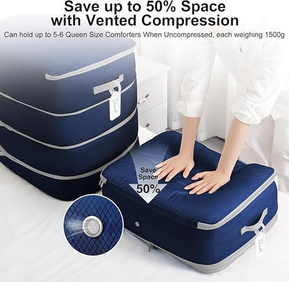 Easortm Comforter Storage Bag - Large Capacity Blanket Storage Bags 4-Layer Ultra Space Saving Self Compression Organizer, Washable Compression Bags for Storage Comforter Blanket, 4-Pack, Navy Blue