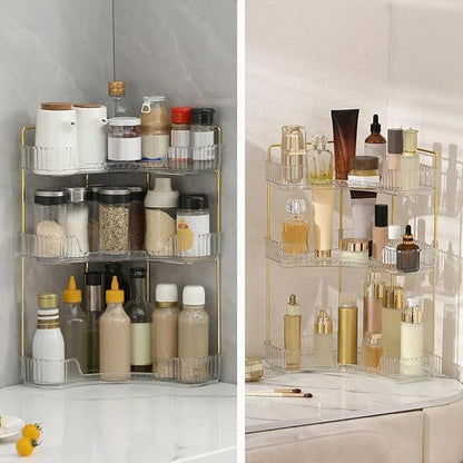 INVSSENE Corner Bathroom Countertop Organizer, Vanity Trays for Counter, Makeup Organizers, Perfume Tray, Kitchen Spice Rack, (Clear, 3 Tiers)