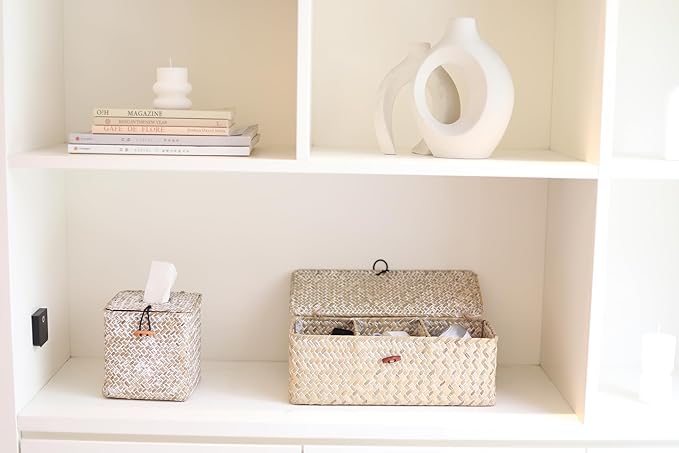 3 Section Seagrass Storage Basket, Handmade Shelf Baskets with Lid for Bathroom/Closet/Livingroom