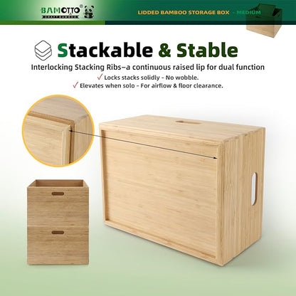 14.6”x10.2”x6.5” Lidded Storage Bins - Stackable Bamboo Box/Cube/Basket with Handles for Home Kitchen Office, Organize Tableware Clothing Toys Books
