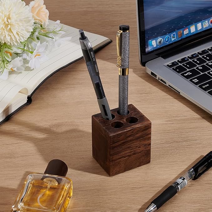 MAYJOYDIY Cuboid Wooden Walnut Pen Holder with 4 Round Holes Stylish Vintage Desk Organizer Pencil Holder Fountain Pen Tray for Home Office Classroom Desktop Stationery Accessories