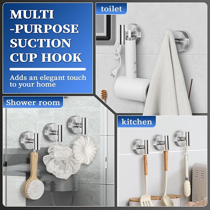 warlve Suction Cup Hooks No Drill Stainless Steel Shower Hooks Towel Hook Robe Hook Heavy Duty on Smooth and Non-Porous Surfaces in Bathrooms Kitchen Bedroom (2, Brushed Nickel)
