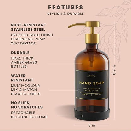 Hand and Dish Soap Dispenser for Kitchen and Bathroom, Set of 2 16 Oz Glass Bottles, Stainless Steel Pumps, Non-Slip Silicone Base, 27 Waterproof Labels (Amber Bottle/Brushed Gold Pump)