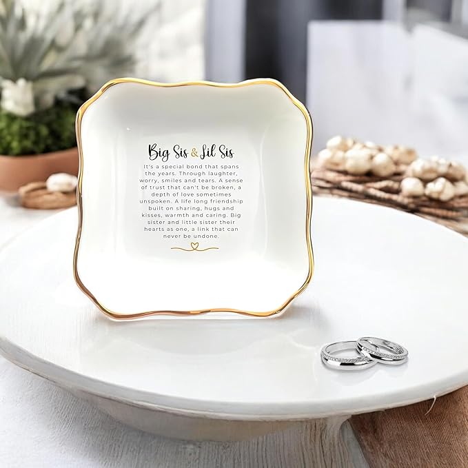 HatafaFurni Sister Ring Dish Holder Gifts, Jewelry Dish for Sister, Big Sis & Lil Sis Trinket Tray for Christmas Birthday Wedding Gift - Ceramic Jewelry Tray, A Gift to Strengthen Sister's Friendship