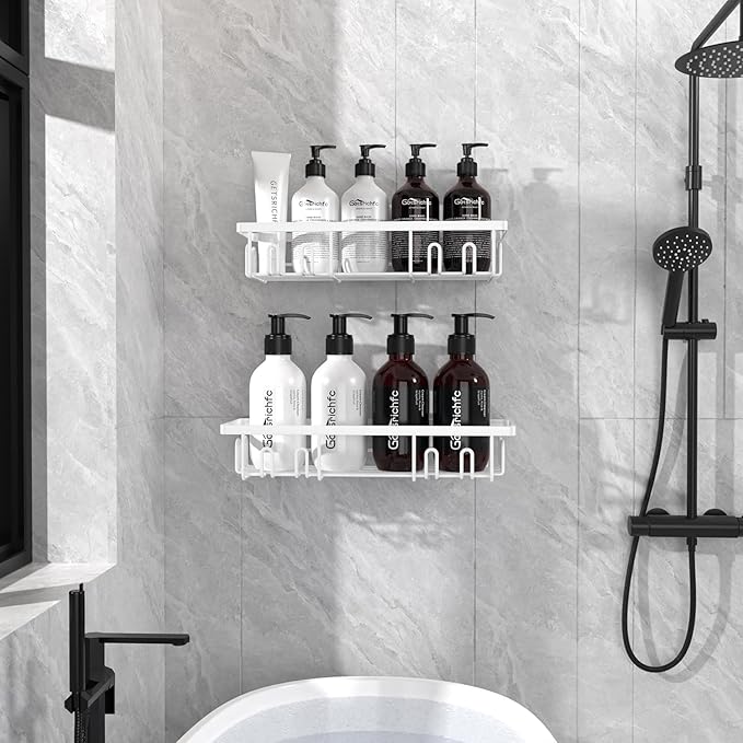 Getsrichfc 2025 New Adhesive Shower Caddy, Shower Shelves with 16 Hooks, White 2 Pack