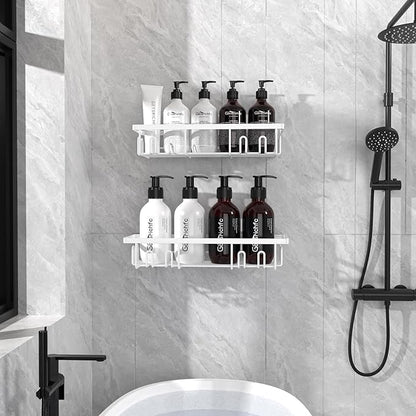 Getsrichfc 2025 New Adhesive Shower Caddy, Shower Shelves with 16 Hooks, White 2 Pack