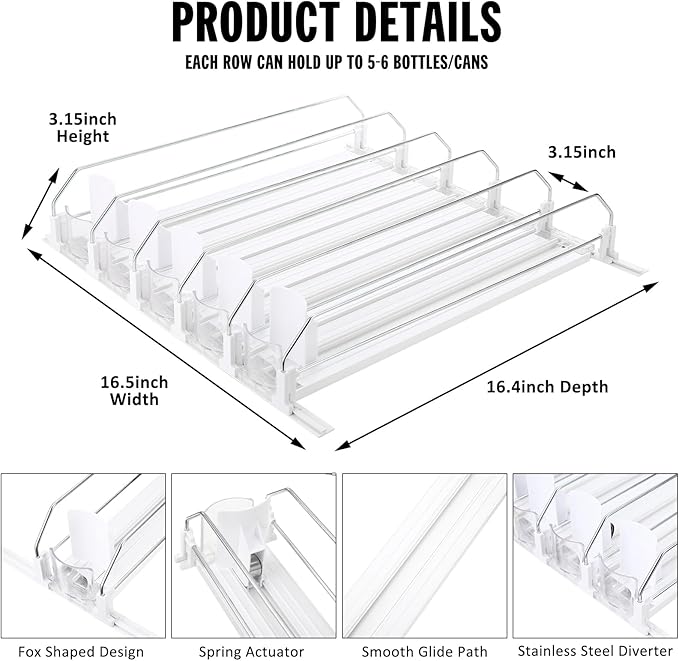 ONCHSH Drink Organizer for Fridge,Soda Can Drink Organizer for Refrigerator,Beer Pop Can Water Bottle Storage for Pantry,Width Adjustable Beverage Pusher Glide (White, 16.4" D - 5 Rows)