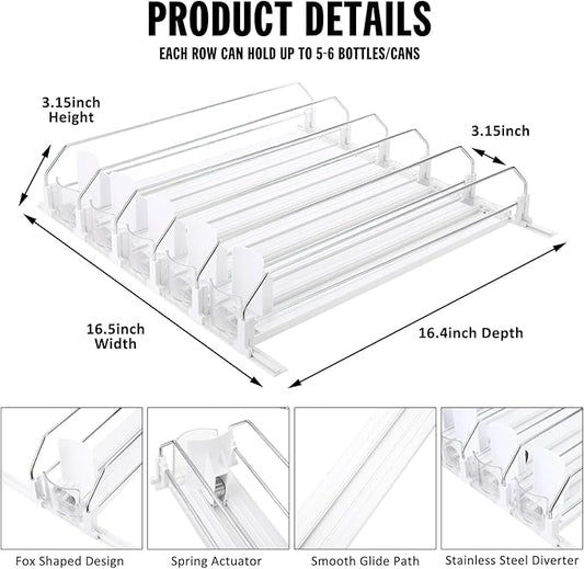 ONCHSH Drink Organizer for Fridge,Soda Can Drink Organizer for Refrigerator,Beer Pop Can Water Bottle Storage for Pantry,Width Adjustable Beverage Pusher Glide (White, 16.4" D - 5 Rows)