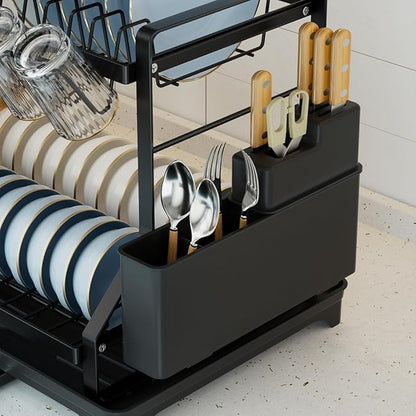 2-Tier Kitchen Dish Rack with Drainboard, Black, Large Capacity Dish Drying Rack with Cup Holder, Knife Block, Cutting Board Rack, 42x32.5x34cm