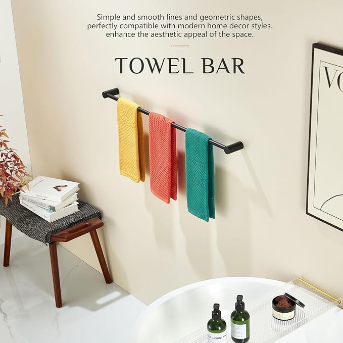 KOKOSIRI Towel Holder Black for Bathroom and Lavatory 36-Inch Towel Bar Single Bath Rack Wall Mounted Stainless Steel Bathroom Hardware, B4007BK-L36