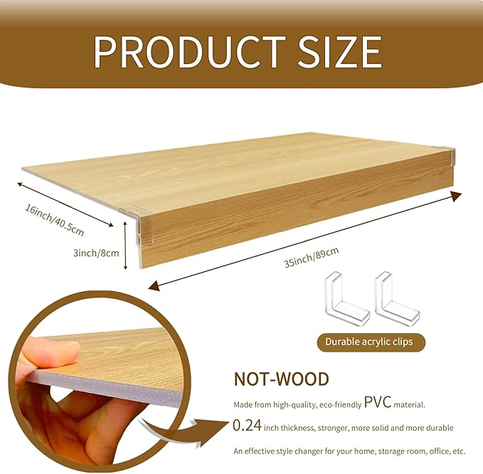 Wire Shelf Cover, Wire Rack Covers for Pantry,4 Pcs PVC Wood-Look Faux Wood Shelf Liners,35x16 Inch,0.24inch Thick for Home and Kitchen Organization