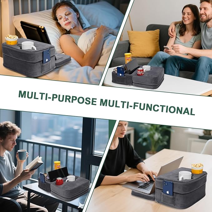 2IN1 Couch Cup Holder Pillow - Sofa Cup Holder Pillow with 7 Holes and Side Pocket | Couch Caddy for Cups, Headphones, Snacks and Phones | Use it on Car, Pack, Beach, RV - Gray