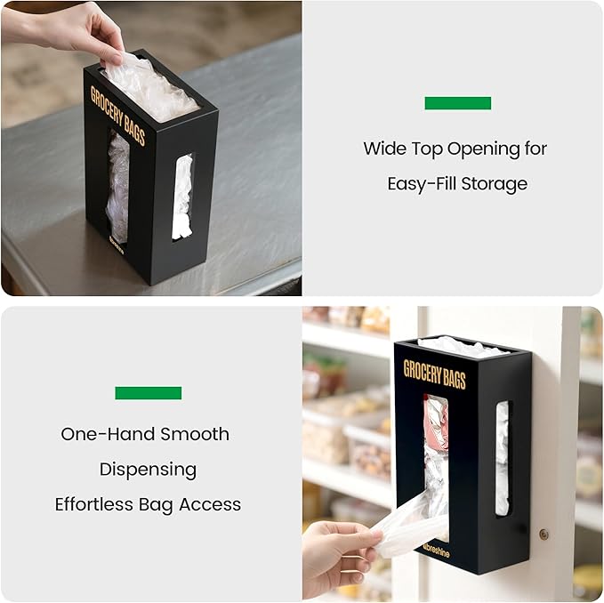 Extra Large Black Bamboo Grocery Bag Holder for Plastic Bags, Under Sink Cabinet or Wall Mounted Organizer, Space-Saving Bag Dispenser for Kitchen, Pantry, Laundry Room, Garage