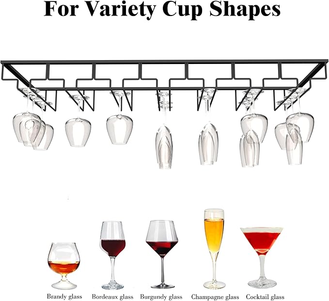 7-Row Stemware Rack - Under Cabinet Wine Glass Holder - Black Metal Hanging Shelf for Kitchen and Bar - Holds Up to 22 Glasses