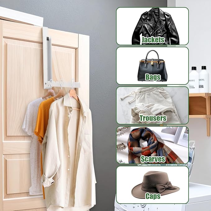 Afcabakila 2 Pack Over The Door Hooks Hanger Rack,Portable Storage Foldable Folding Clothes Drying Hanging Rack Cubicle Rrying Heavy Duty Hanger for Clothes, Coats, Towels for Bedroom Bathroom White