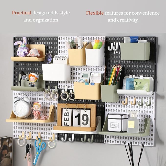 Pegboard Wall Organizer Combination Kit, Wall Organizer with 4 Pegboards and 20 Accessories Hanging, Wall Mounted Peg Board Display Panels for Home and Office - 19.5” x 9.5” (White and Black)