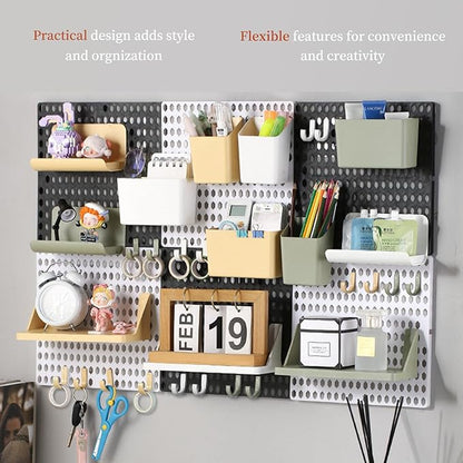 Pegboard Wall Organizer Combination Kit, Wall Organizer with 4 Pegboards and 20 Accessories Hanging, Wall Mounted Peg Board Display Panels for Home and Office - 19.5” x 9.5” (White and Black)