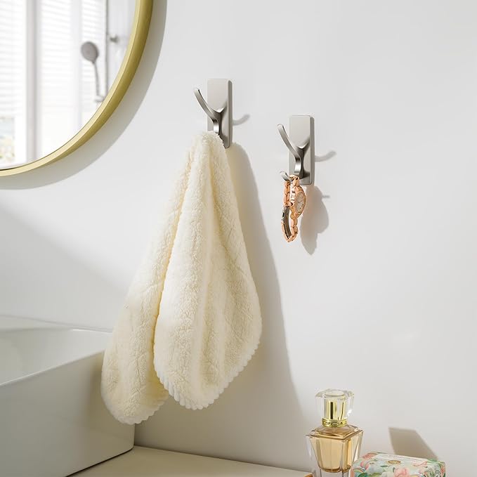 Josmimic Self Adhesive Towel Hooks: Extra Strong 13LB, Stainless Hook for Hanging Loofah, Towels, Coat, Bath Robe Bathroom Shower, Brushed Nickel, 4 Pack
