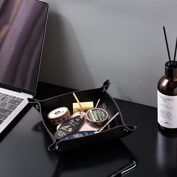 SANQIANWAN Leather Jewelry Valet Tray for Women and Man, Portable Entryway Table Tray Bedside Nightstand Desk Tray Small Catchall Travel Dish Plate for Key,Wallet,Watch,Coin (2PCs Black-B)