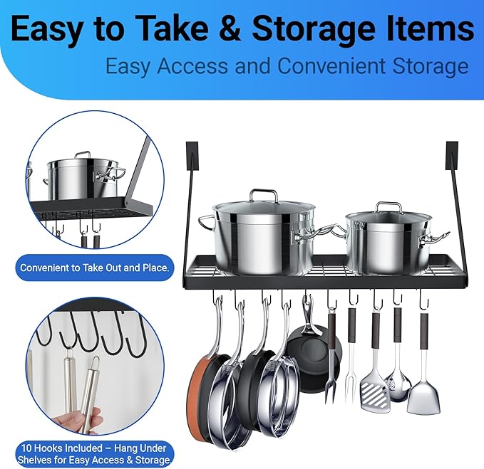 Miyili Pot Rack Square Grid Wall Mounted Kitchen Pot And Pan Organizer Shelf With 10 Hooks, 24 by 10-inch (Black), KR301B1