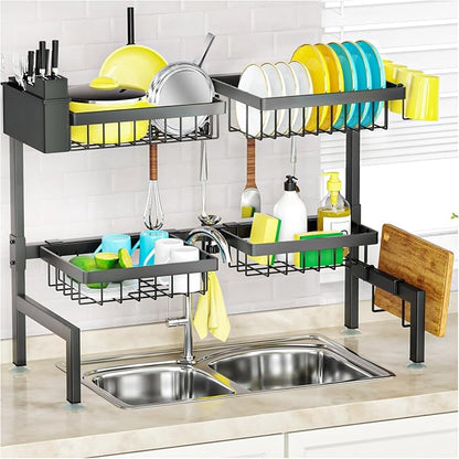 SNSLXH [2-Tier 4 Baskets Over The Sink Dish Drying Rack, 26.57"-35", Large Sink Rack for Kitchen, Extensible and Adjustable, Saving Kitchen Space