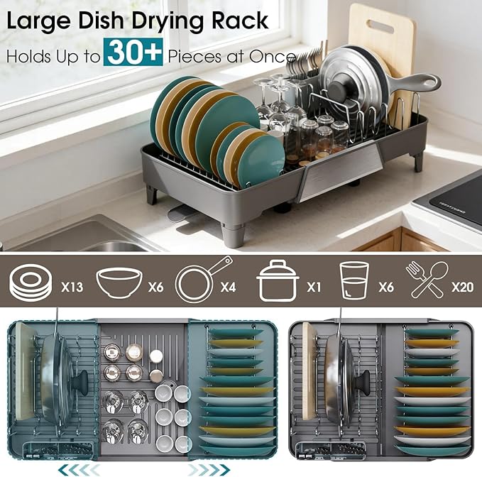 FOXHIVE Large Expandable Dish Drying Rack, Dish Racks for Kitchen Counter, Space Saving & Rust Resistant Dish Drainer with Removable Drainboard & Utensil Holder, Adjustable Length 16.4 to 24.4 Inches