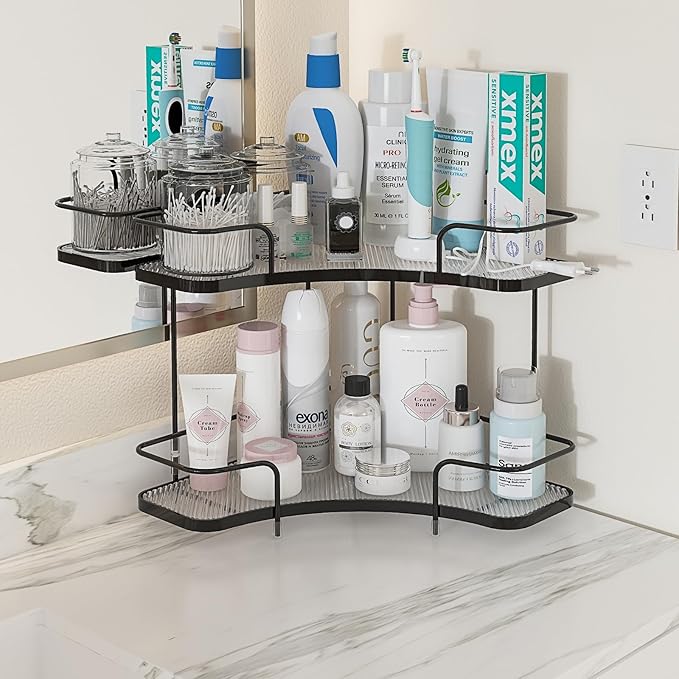 FOLLOWIN 2 Tier Bathroom Countertop Corner Organizer,Countertop Perfume Tray,Vanity Counter Shelf,Skincare Makeup Cosmetic Vanity Organizers,Elegant Black