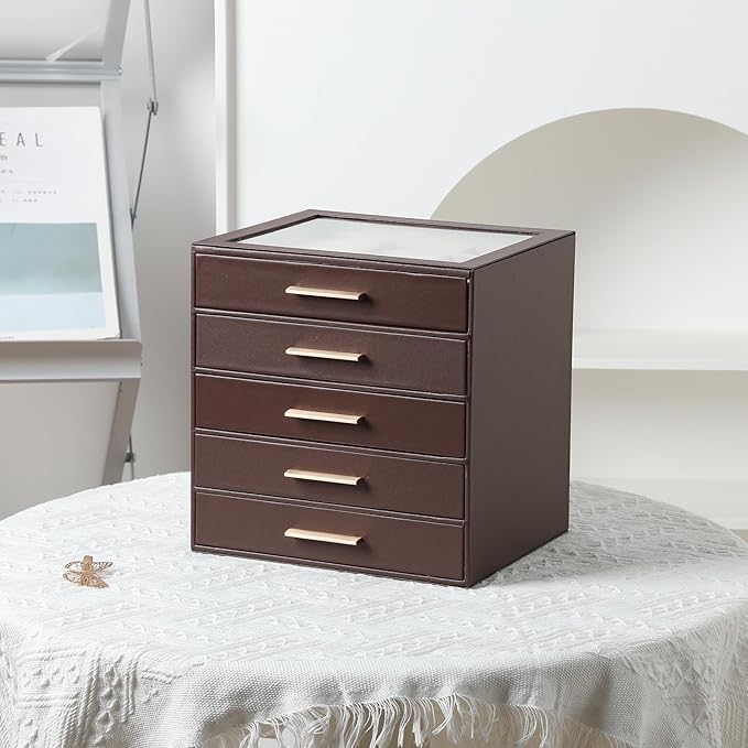 Frebeauty Clear Lid Jewelry Box,5-Layer Jewelry Organizer with Drawer,PU Leather Jewelry Organizers and Storage,Jewelry Boxes for Women,Jewelry Storage for Rings Earring Stud,Gift for Women(Brown)