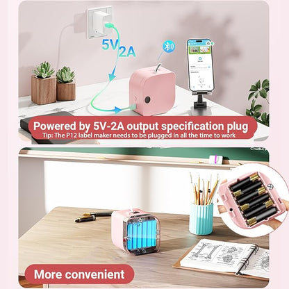 Phomemo Label Maker Machine with Tape, P12 Bluetooth Small Label Makers with Multiple Templates Ribbon Printer Machine for School, Name Tag, Home, Office, Kitchen, Gift Wrap, Pink