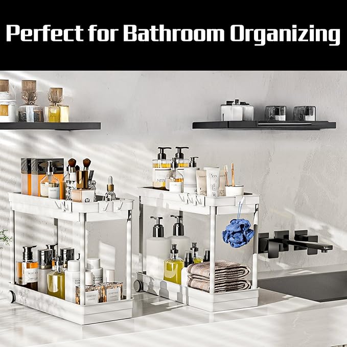 2 Pack Under Sink Organizer, 2 Tier Bathroom Cabinet Organizers and Storage with Hook, Multi-purpose Storage Basket Shelf for Kitchen (Frost White, 2 Pack)