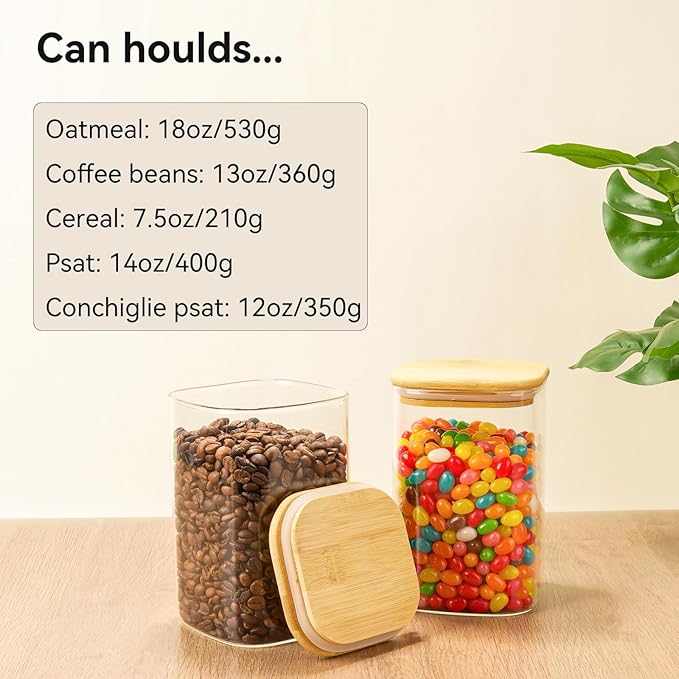 6 Pack Glass Pantry Storage Jars - 37oz Airtight Food Storage Containers Set with Bamboo Lid Labels, Square Kitchen Pantry Canister Organizers for Cookies Candy Coffee Bean Sugar Tea Spice Cereal