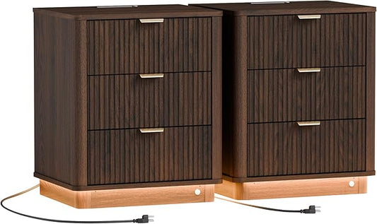 BONITURE Fluted Night Stand Set of 2, Curved Nightstands with Charging Station Lighting, Wood End Table with 3 Drawers, Modern Side Table Storage Cabinet for Bedroom Office,(2, Walnut)