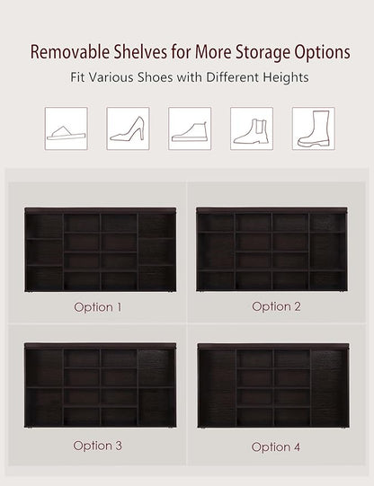 DINZI LVJ Shoe Storage Bench with Cushion, 14-Cubby Shoe Rack, Adjustable Shelves, Multifunctional Shoe Organizer Bench for Entryway, Mudroom, Hallway, Living Room, Bedroom and Garage, Espresso