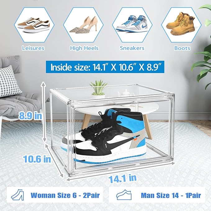 DAYOOH Size 14 Acrylic Sneaker Shoe Display Case, Transparent Shoe Box Storage Bins Clear Plastic Stackable Boot Handbag Organizer Containers with Lids for Shoes, Figure, Collectible, Purse, 1Pack