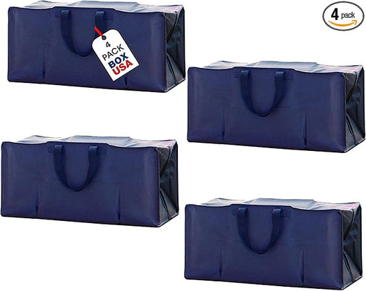 BOX USA 4 Pack Extra Large Blue Moving Bags with Handles & Zippers | Heavy Duty Storage Totes, Packing, Dorm Room Essentials & College Space Saving