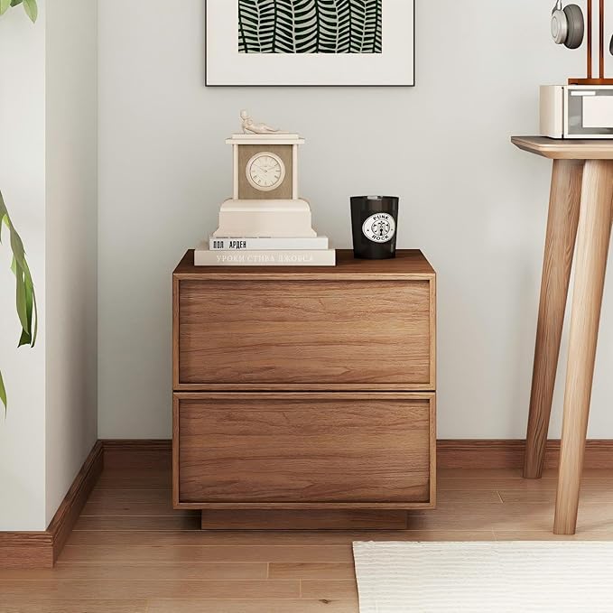 RYWI11OUSE Wooden Nightstand with Storage,Modern Night Stand with 2 Drawers, Bedside Table for Bedroom, Walnut