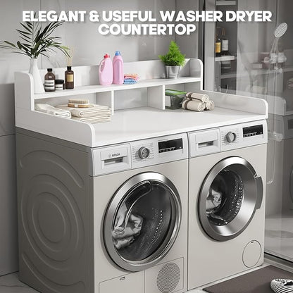 Washer Dryer Countertop, Laundry Wood Shelf Topper with Edge, 2-Tier Laundry Countertop, for Washer and Dryer Laundry Hamper Counter Storage Organization (White)