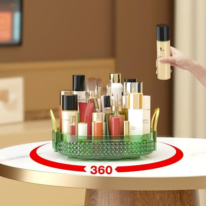 Awenia Rotating Makeup Organizer 360, Stackable Adjustable Large Capacity Cosmetic Storage Unit,Dresser Bathroom Kitchen Countertop Organizer with Metal Handle, Plus Size (Gem Green, 1 Tier)