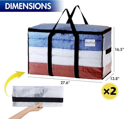 TAILI Extra Large Moving Bags, 2 Pack Clear Heavy Duty Totes for Storage with Visible Window, Wrap Around Handles, Storage Bags for Space Saving, Alternative to Moving Boxes