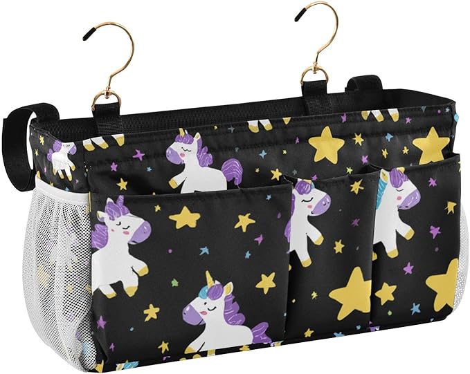 CuwrYet Bedside Caddy Hanging Bunk Bed Caddy Bed Organizer Hanging Pocket with 2 Hooks Bedside Storage Organizer Pocket Bag Holder Cute Unicorns Hearts Black