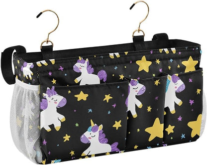 CuwrYet Bedside Caddy Hanging Bunk Bed Caddy Bed Organizer Hanging Pocket with 2 Hooks Bedside Storage Organizer Pocket Bag Holder Cute Unicorns Hearts Black