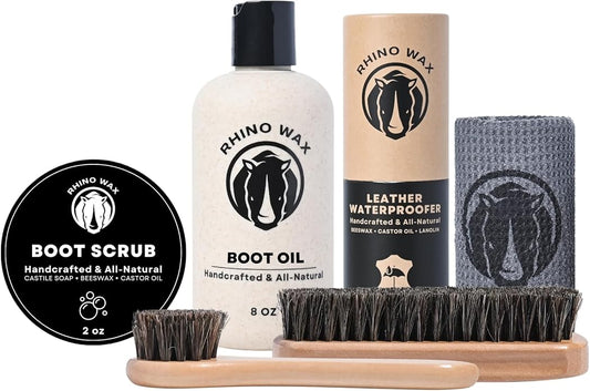 Cowboy Boot Cleaning and Conditioning Kit (6 Pieces) - Ultimate Cowboy Boot Care Kit - Cleaner (Boot-Scrub) + Conditioner (Leather Oil) + Waterproofing Wax + Brushes + Microfiber Cloth